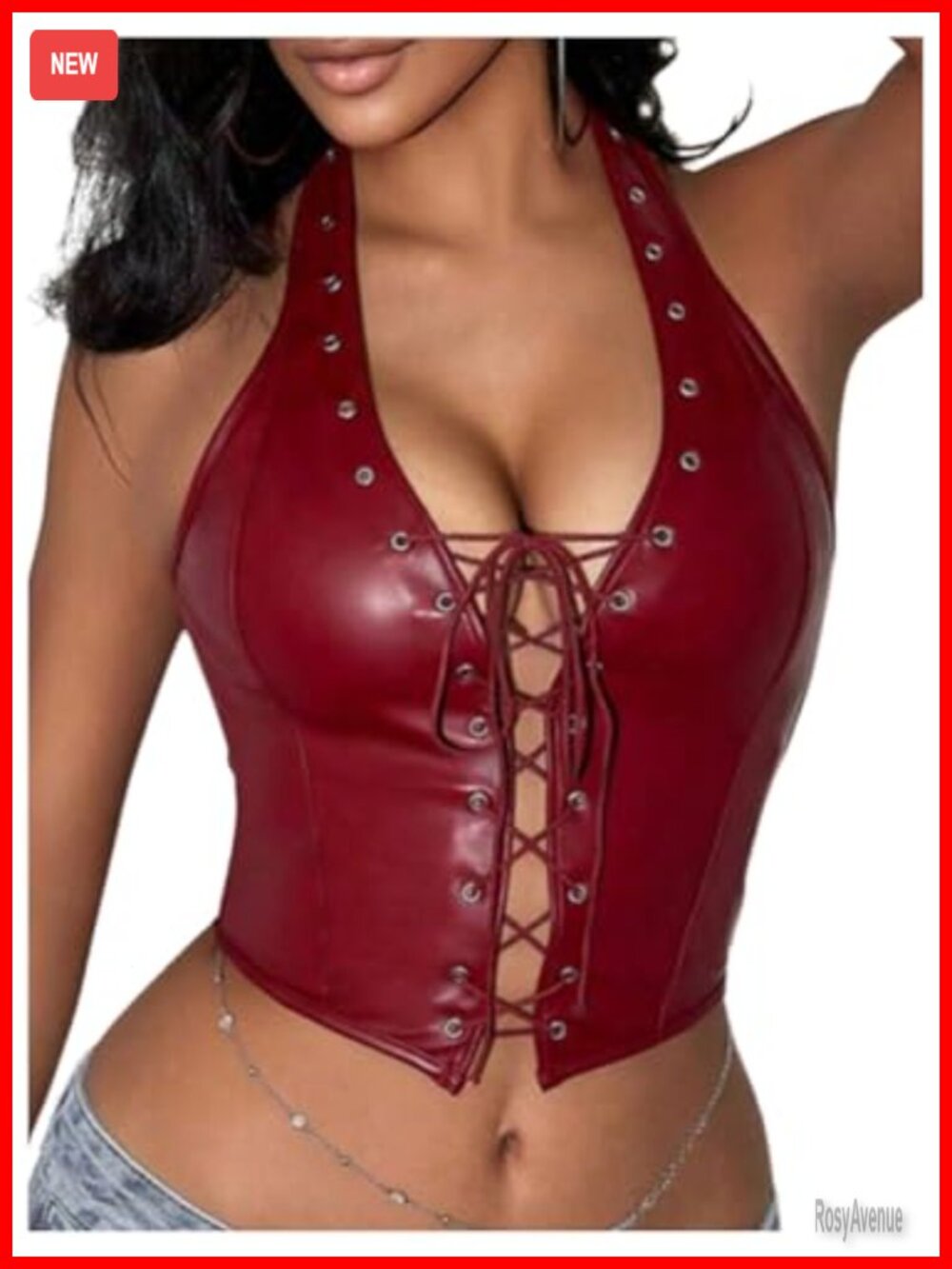 PU Leather Halter Corset Crop Top Lace Up Backless Sleeveless Party